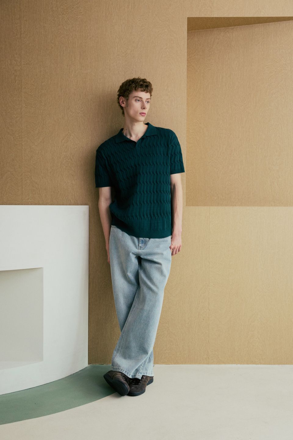 MUSINSA | NODU Six Cable Collar Short Sleeve Knit [Green]