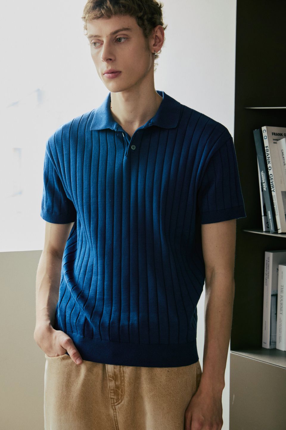 MUSINSA公式 | NODU カラーロングリブポロ半袖ニット[ネイビー]