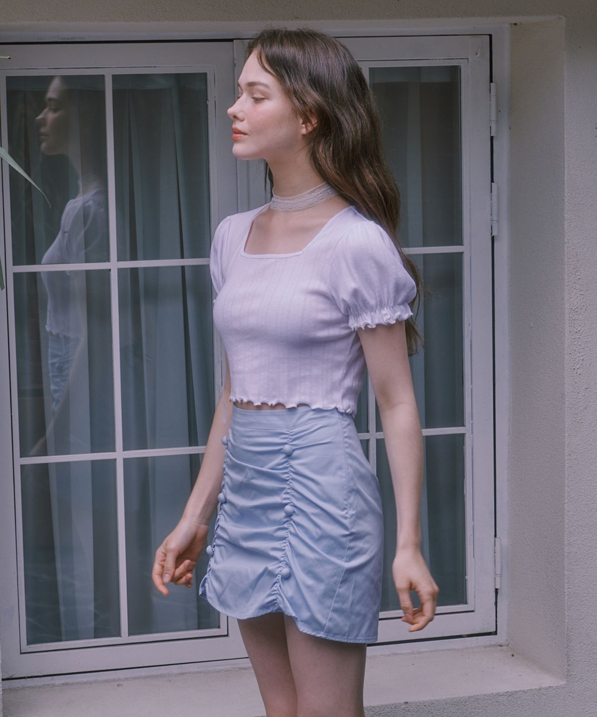 루루슈(LULUCHOU) Shirring Skirt - SKY BLUE
