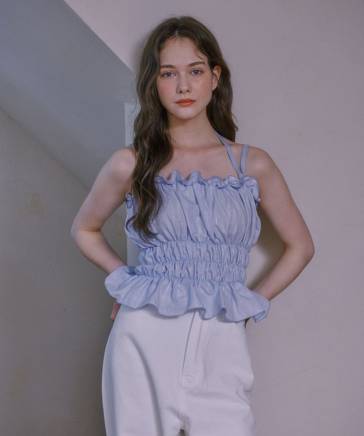 루루슈(LULUCHOU) Shirring Glitter Bustier - SKY BLUE