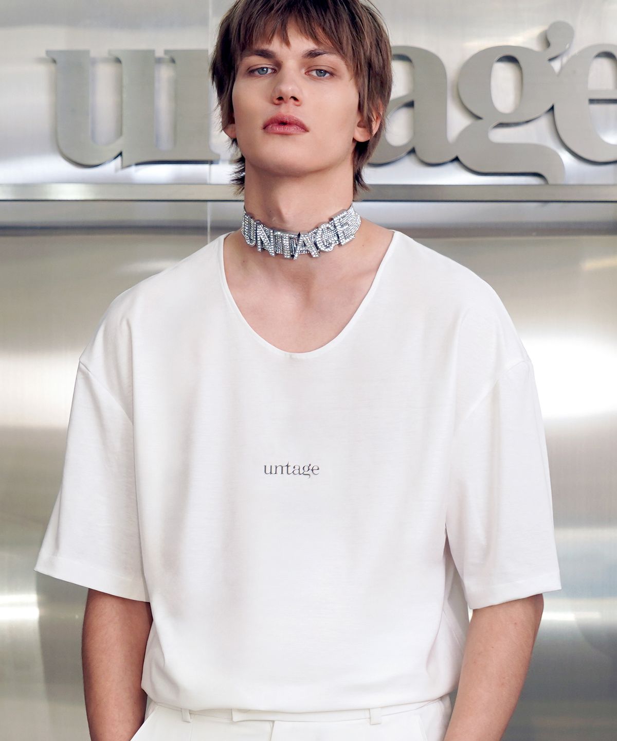 언티지(UNTAGE) 텐셀 로고 오버사이즈 티셔츠[White(UNISEX)]_UTT-ST33