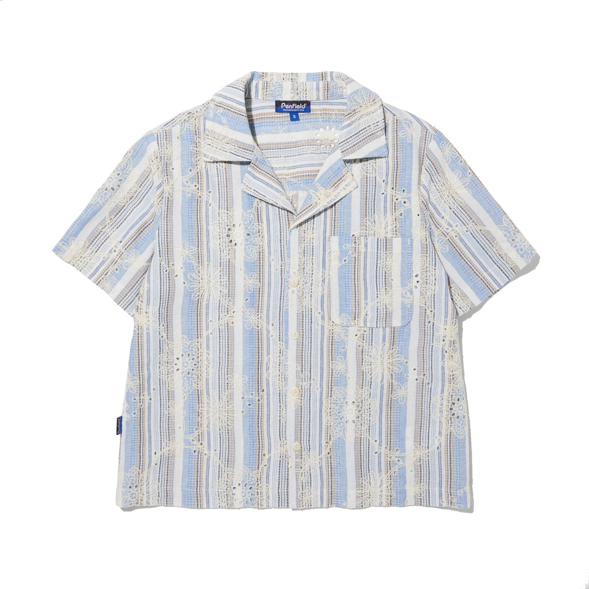펜필드(PENFIELD) 썸머 스트라이프 오픈카라 셔츠 블루_FR2WR45U