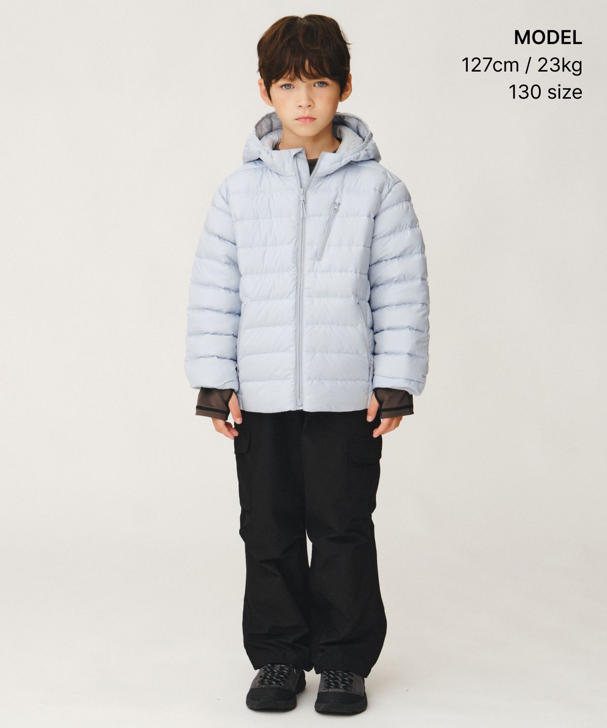 무신사 스탠다드 키즈(MUSINSA STANDARD KIDS) [시티 레저] 후디드 라이트 다운 재킷 [클라우디 블루]
