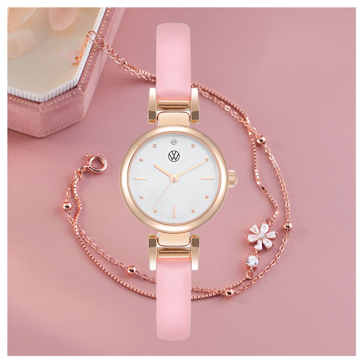 폭스바겐 와치(VOLKSVAGEN WATCH) 스와로브스키 스톤 사용 H 러그 + 팔찌 세트 무료각인 로즈골드