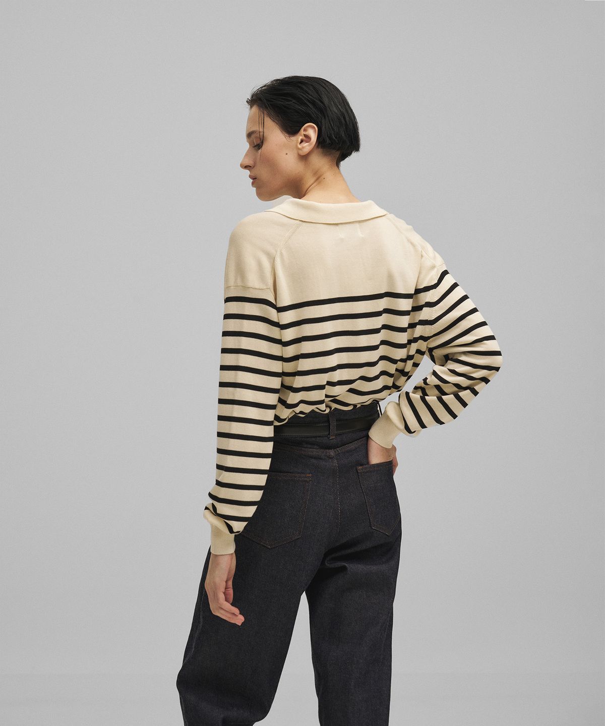 어나더오피스 우먼(ANOTHER OFFICE WOMEN) w. Sailor Silk Open-collar Knit (Ecru-Black)