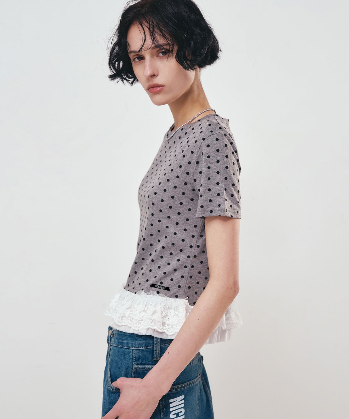 닉앤니콜(NICK&NICOLE) DOTS LACE HALF TOP_GRAY