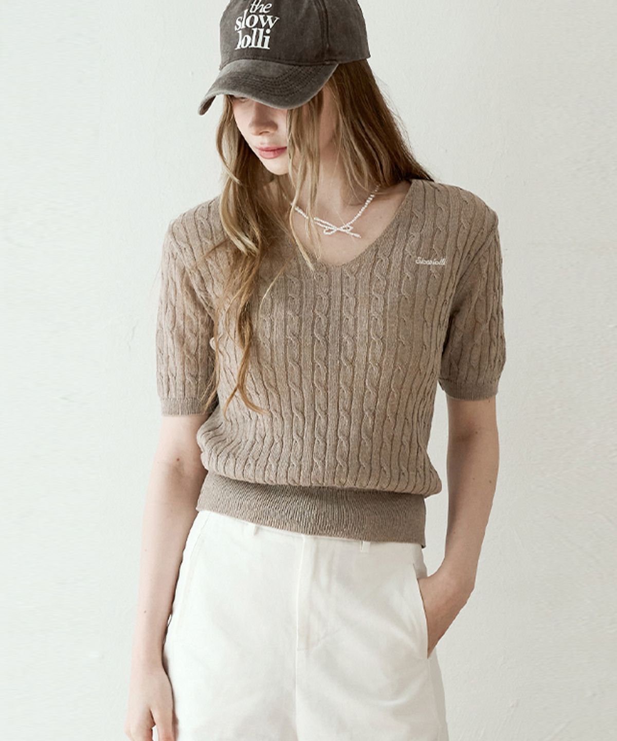 슬로우롤리(SLOWLOLLI) Summer cable v-neck knit_7 Colors