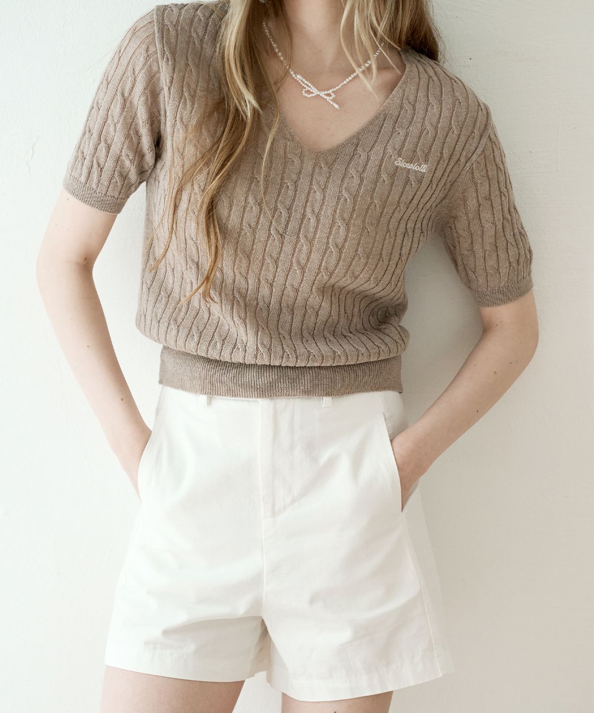 슬로우롤리(SLOWLOLLI) Summer cable v-neck knit_7 Colors