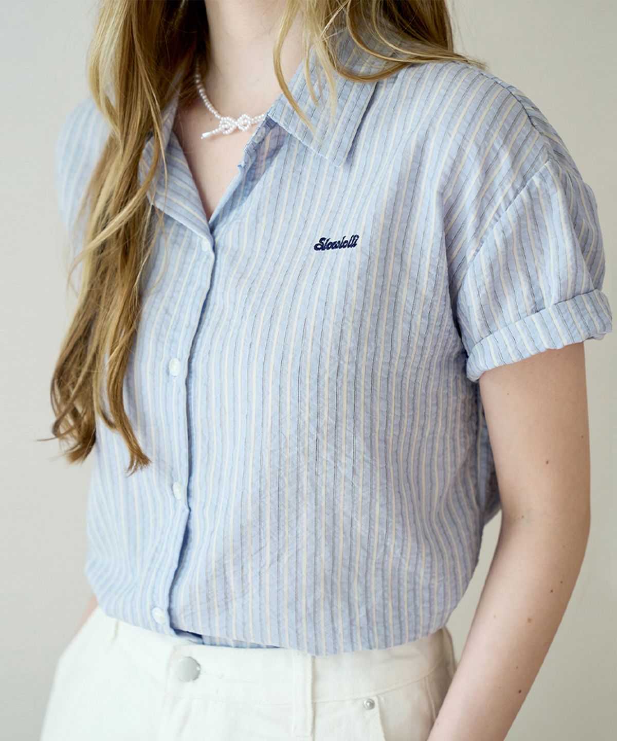 슬로우롤리(SLOWLOLLI) Accent stripe short-sleeve shirt_2 Colors