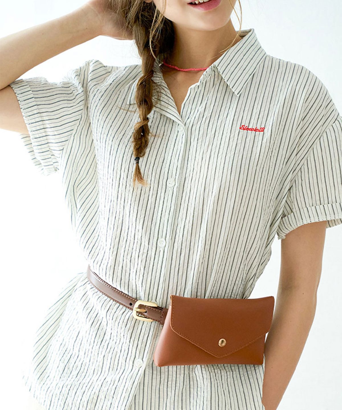 슬로우롤리(SLOWLOLLI) Accent stripe short-sleeve shirt_2 Colors