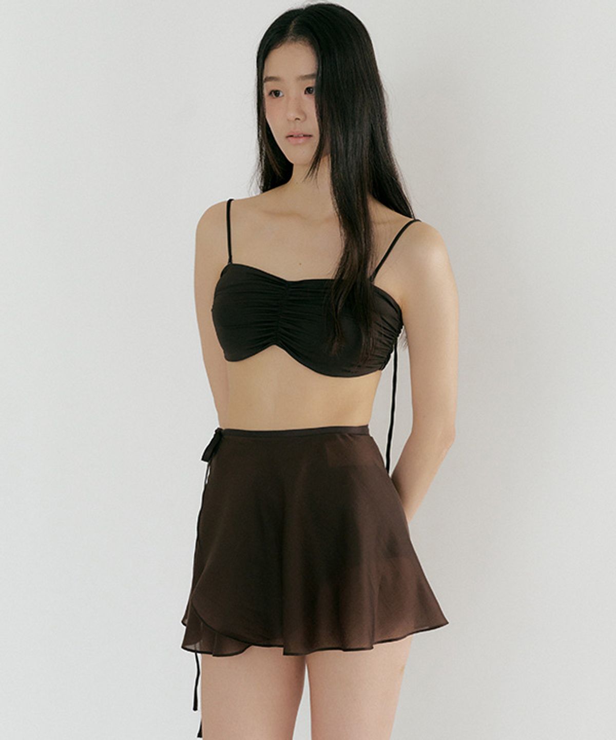 링서울(LINGSEOUL) sheer layered wrap skirt-brown