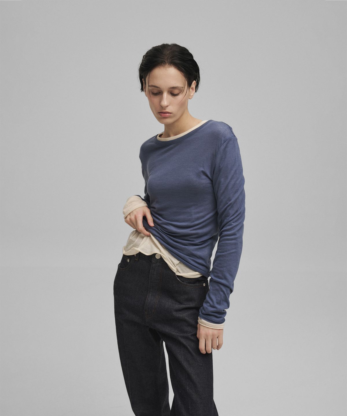 어나더오피스 우먼(ANOTHER OFFICE WOMEN) w. Tencel Sheer Rib Tee (Smoky Blue)