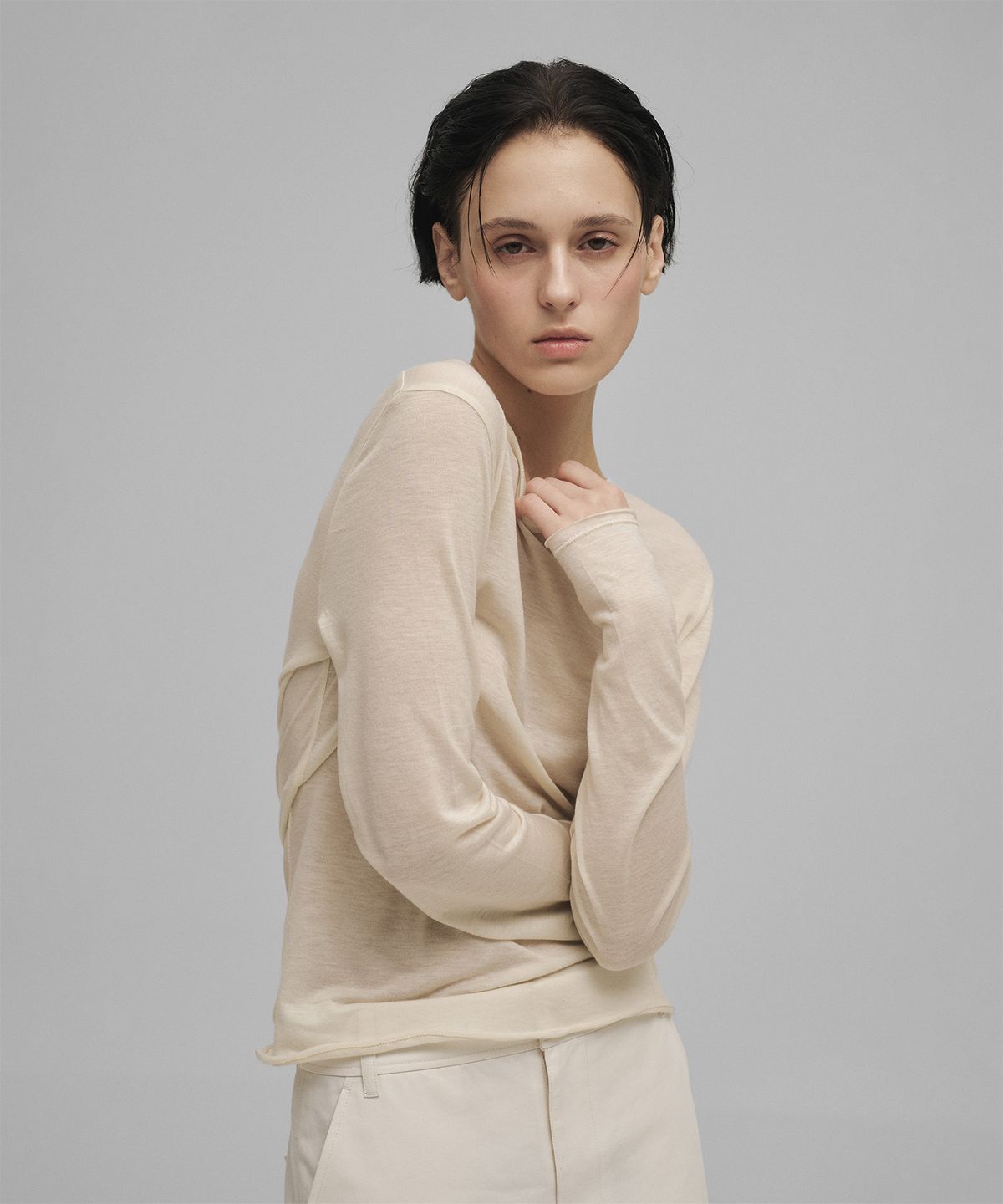 어나더오피스 우먼(ANOTHER OFFICE WOMEN) w. Tencel Sheer Rib Tee (Ecru)