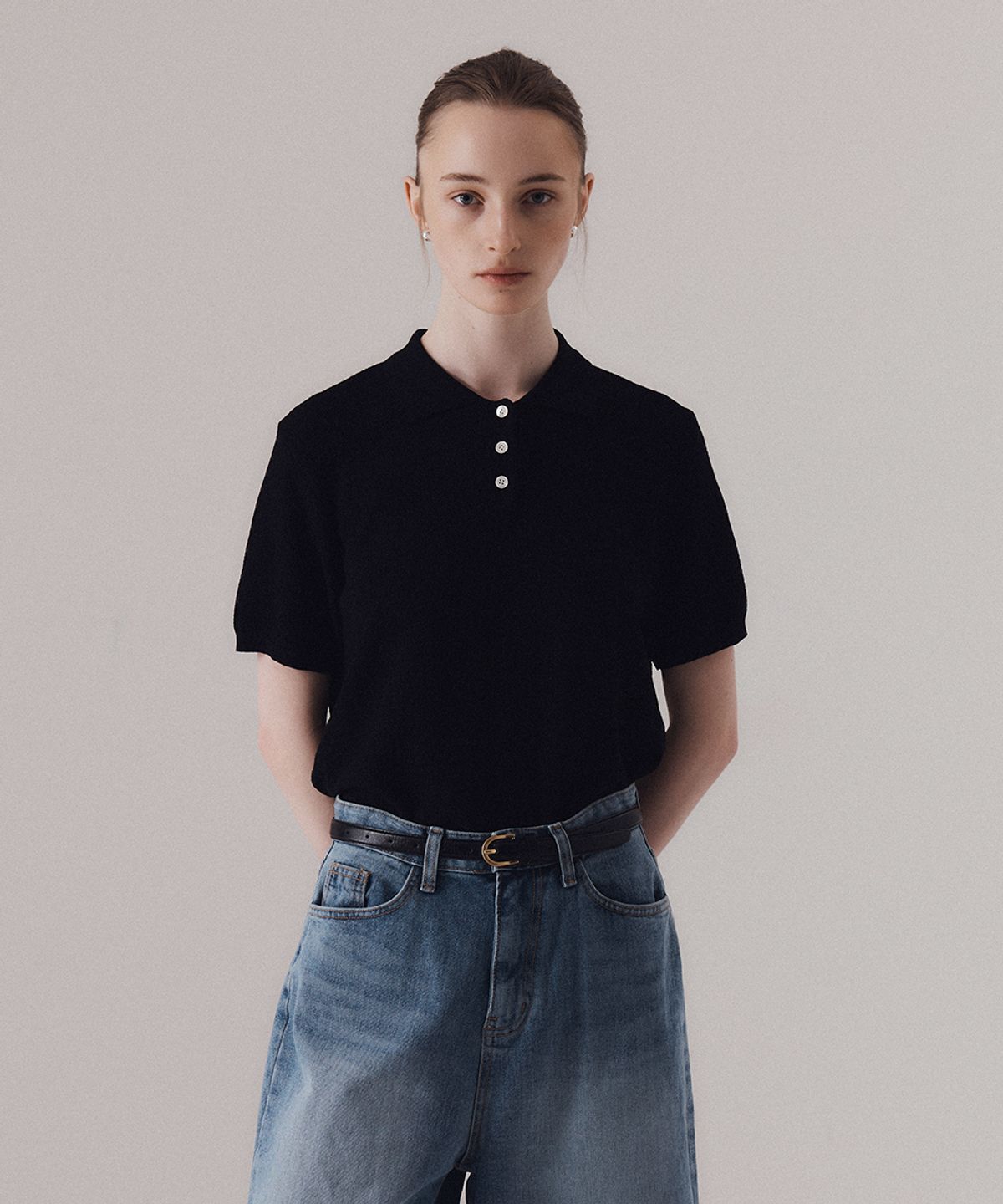 실른(SILN) Classy ripple knit polo (BLACK)