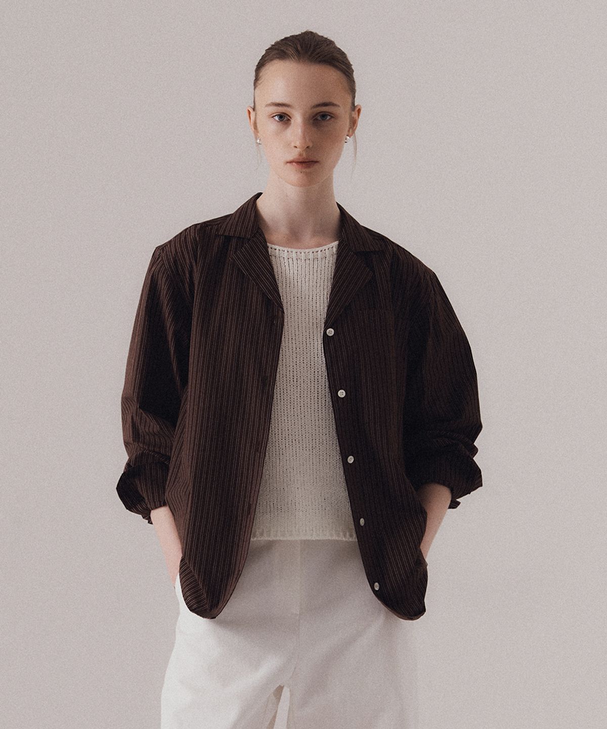 실른(SILN) Essential open collar stripe shirt (BROWN)
