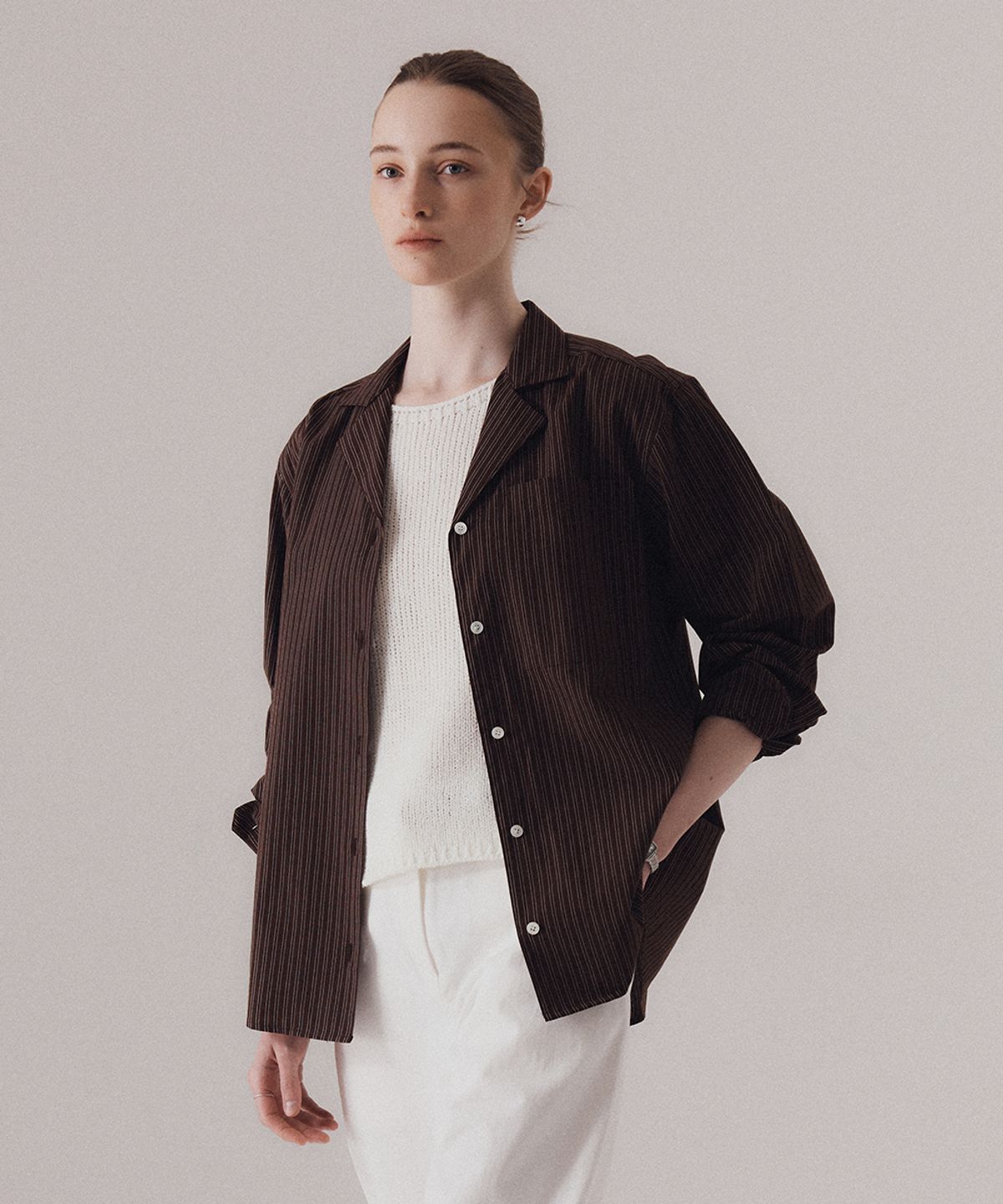 실른(SILN) Essential open collar stripe shirt (BROWN)