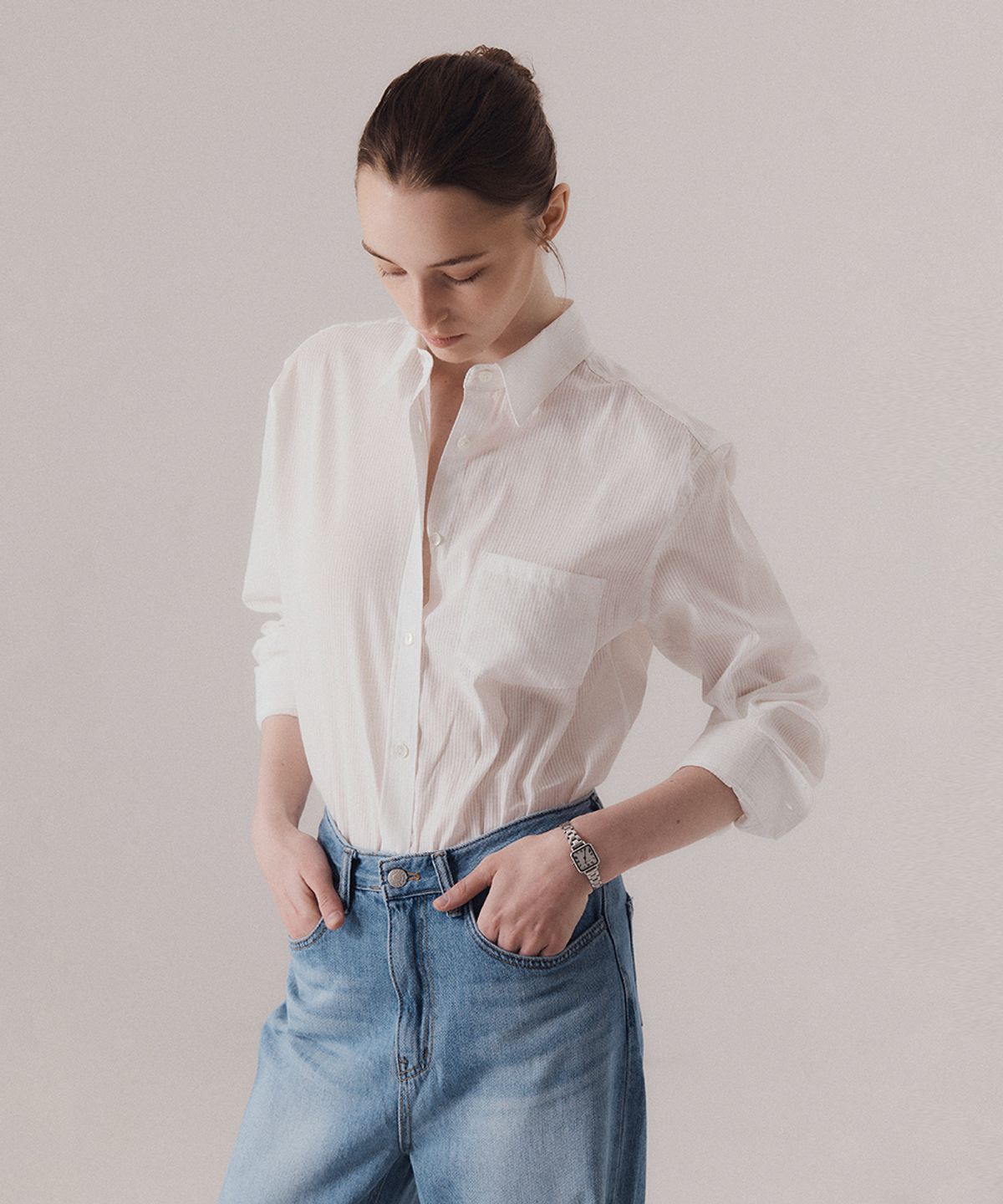 실른(SILN) Sheer cotton stripe classic shirts (WHITE)
