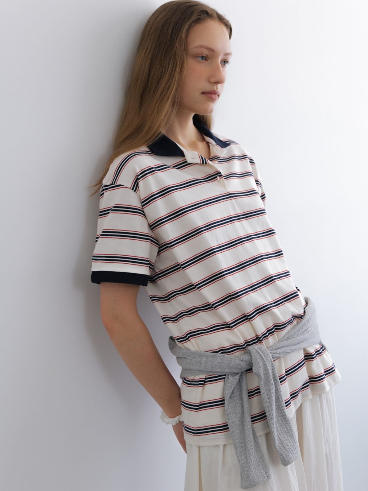 어나우트(UNNOUT) STRIPE COLLAR T-SHIRT IVORY