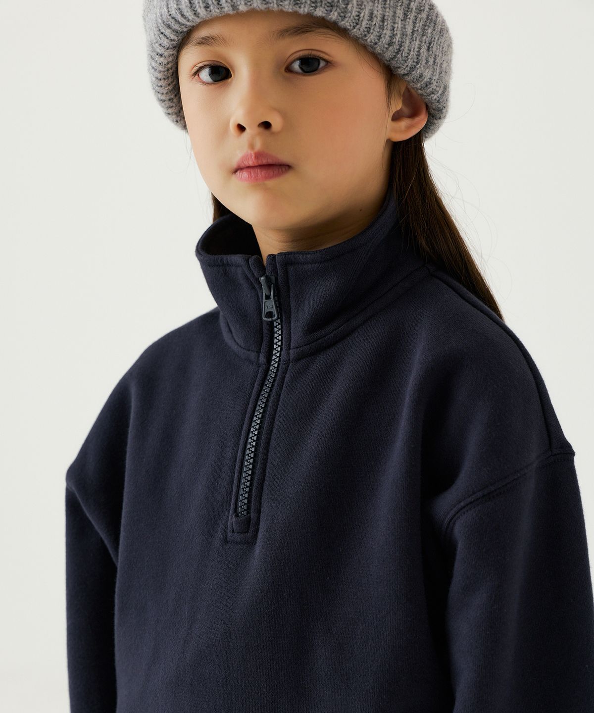 무신사 스탠다드 키즈(MUSINSA STANDARD KIDS) 기모 오버사이즈 하프 집업 스웨트셔츠 [네이비]