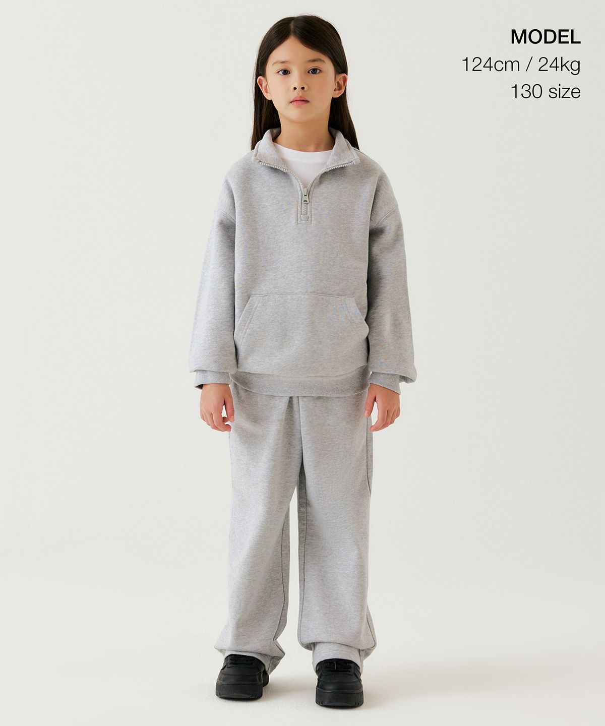 무신사 스탠다드 키즈(MUSINSA STANDARD KIDS) 기모 오버사이즈 하프 집업 스웨트셔츠 [미디엄 그레이]