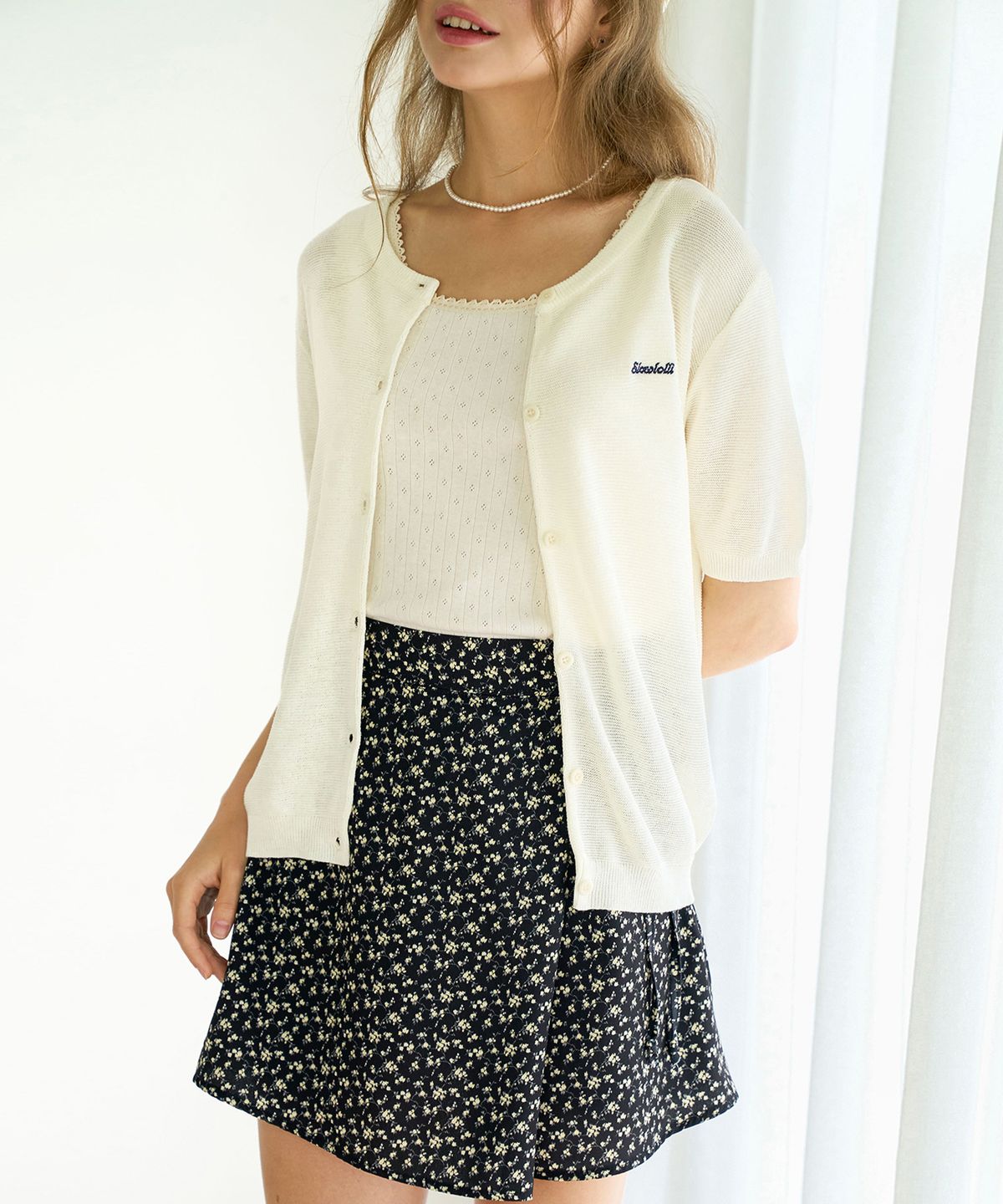 슬로우롤리(SLOWLOLLI) Embroidery summer knit cardigan_4 Colors