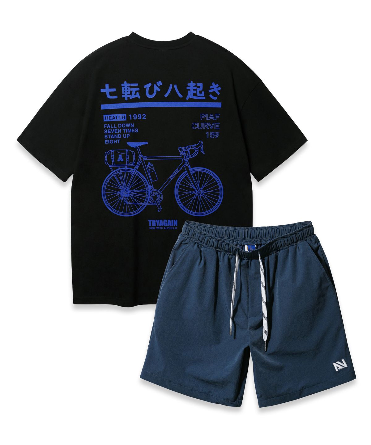 앨빈클로(ALVINCLO) [SET] 바이시클 오버핏 반팔티 스트링 포인트 우븐 반바지 셋업