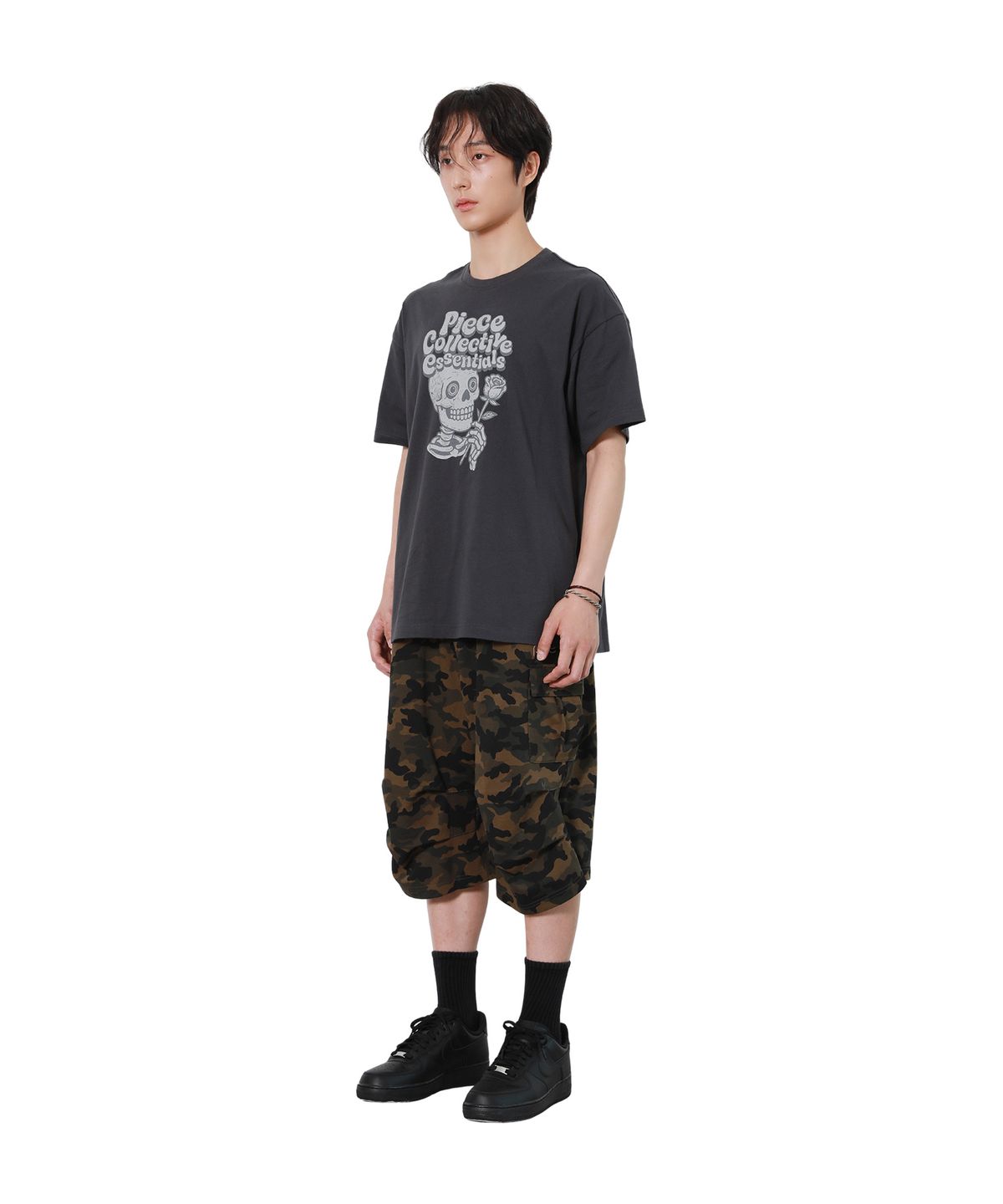 피스메이커(PIECE MAKER) VINTAGE ROSE N SKULL TEE (CHARCOAL)