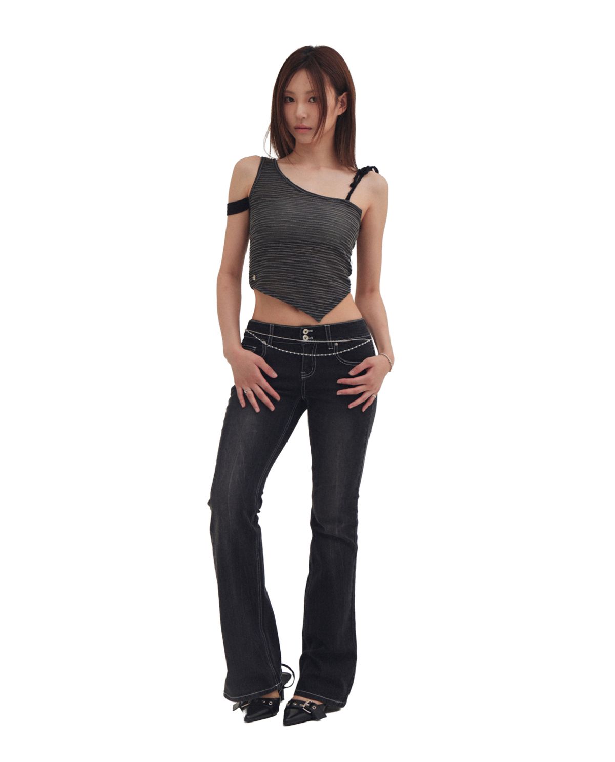 포어링(FORUSRING) Ribbon stitch bootcut jeans (dark grey)