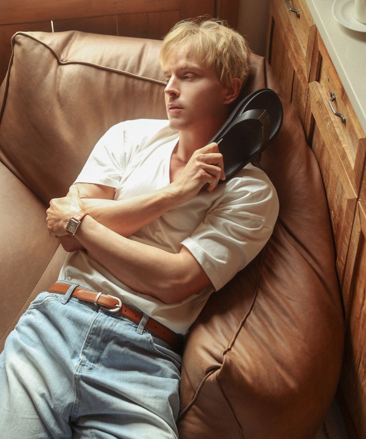 디퍼슈(DIFFERSHOE) 남성 스테어 레더 플리플랍 쪼리 5CM