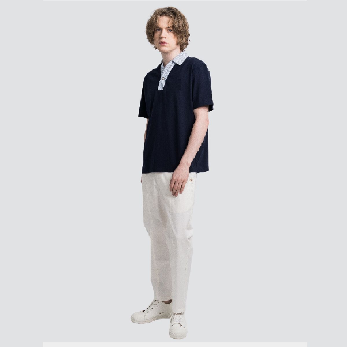 커스텀어스(CUSTOMUS) 스트라이프 우븐배색 Y넥 남자 반팔 카라티 CXS25MKKT612 NAV