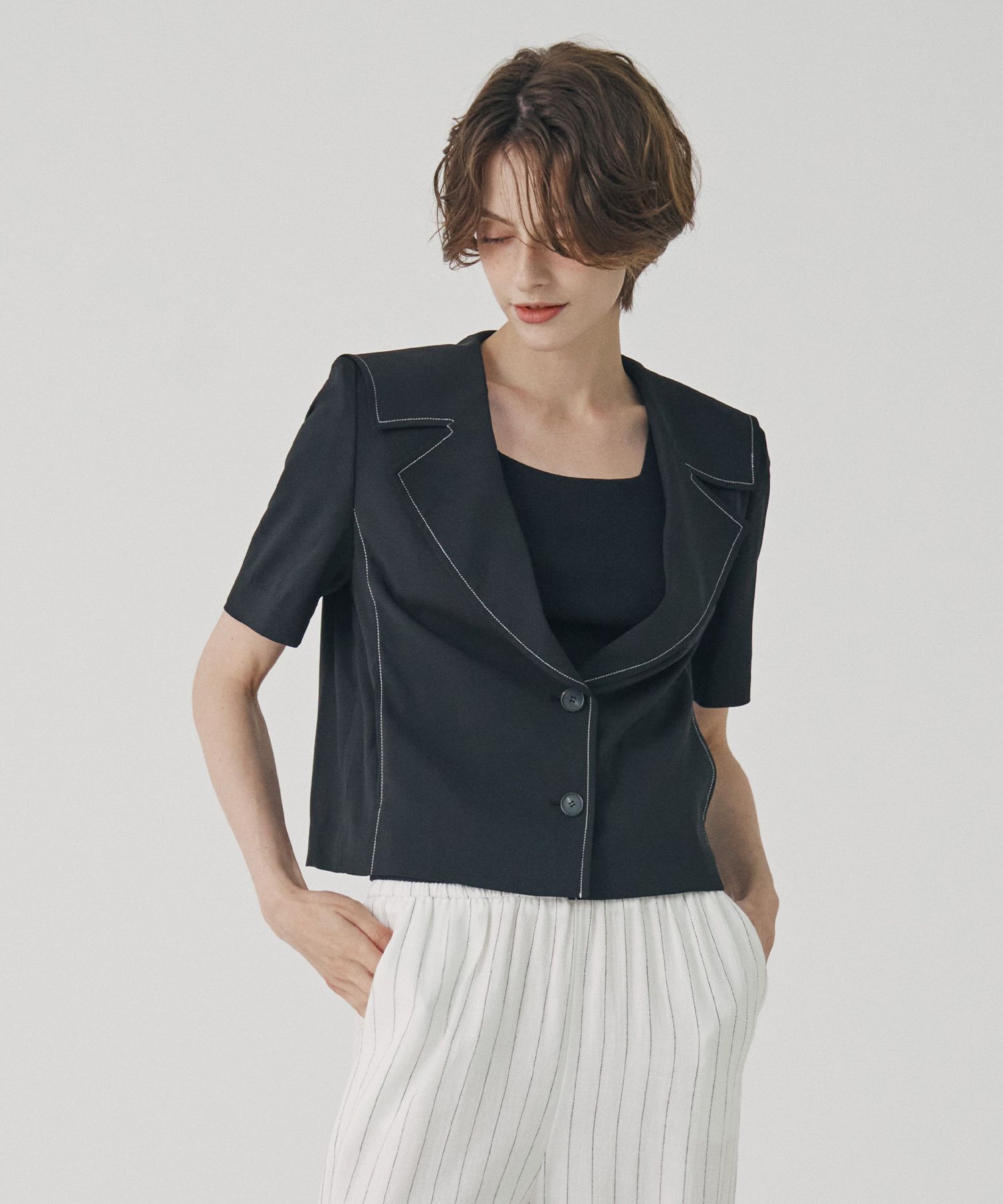 MUSINSA | VISITINNEWYORK Stitched Short Sleeve Crop Jacket