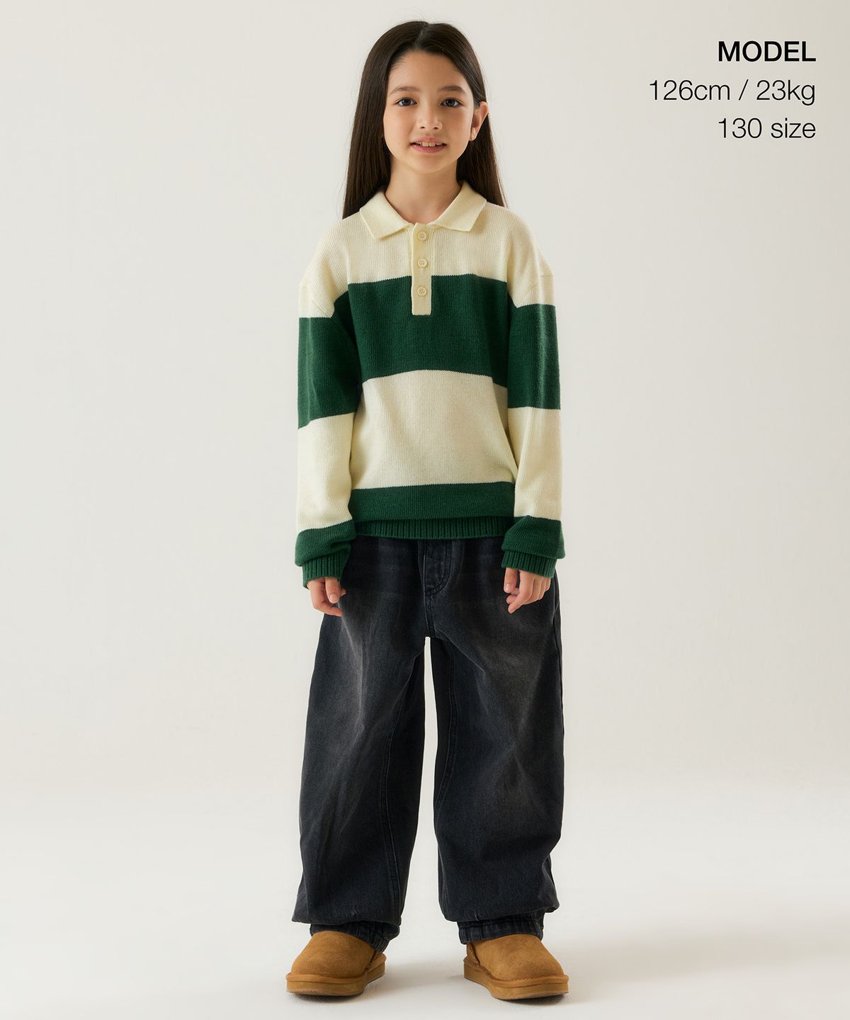 무신사 스탠다드 키즈(MUSINSA STANDARD KIDS) 니티드 볼드 스트라이프 럭비 셔츠 [그린]
