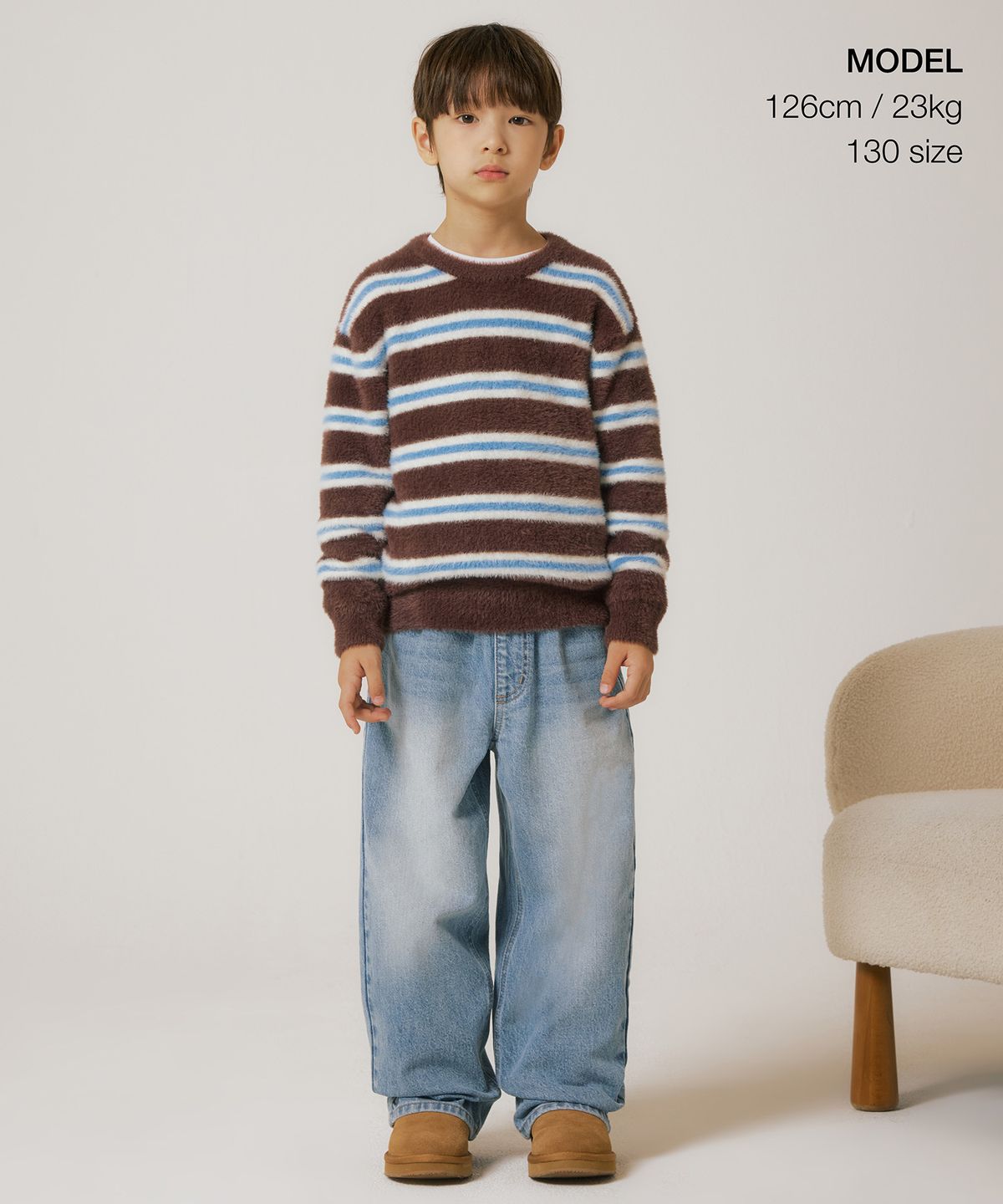 무신사 스탠다드 키즈(MUSINSA STANDARD KIDS) 퍼지 스트라이프 크루 넥 니트 [브라운]