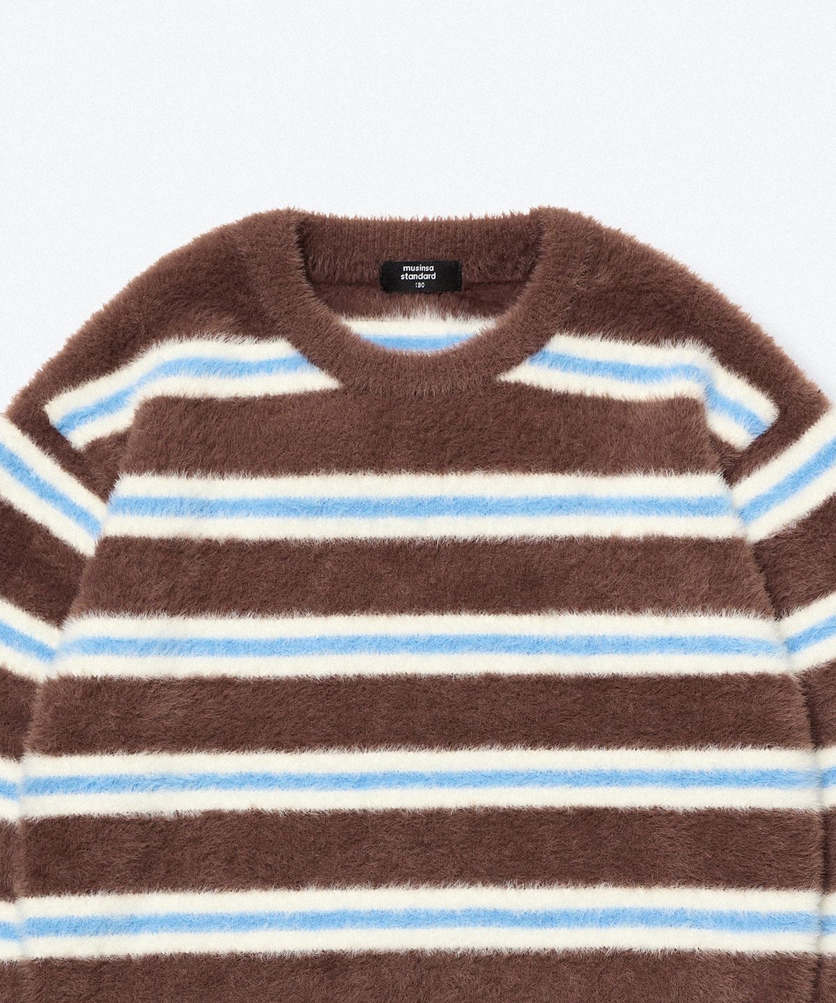 무신사 스탠다드 키즈(MUSINSA STANDARD KIDS) 퍼지 스트라이프 크루 넥 니트 [브라운]