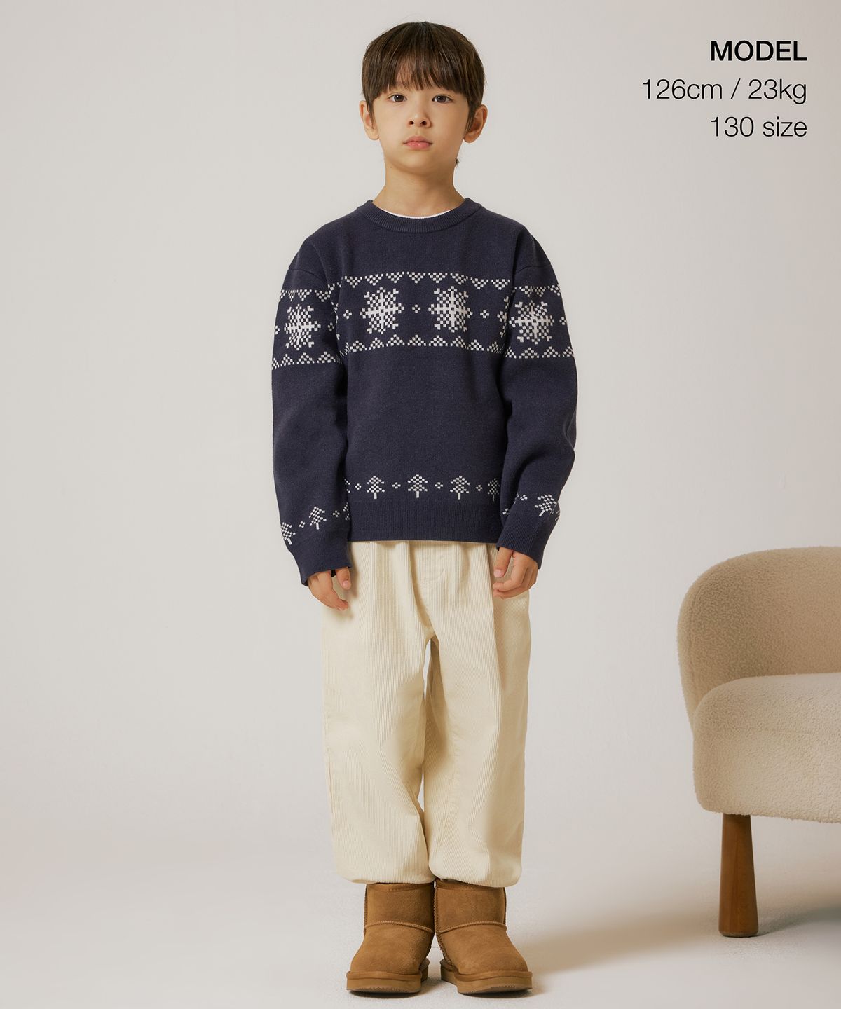 무신사 스탠다드 키즈(MUSINSA STANDARD KIDS) 노르딕 크루 넥 니트 [네이비]