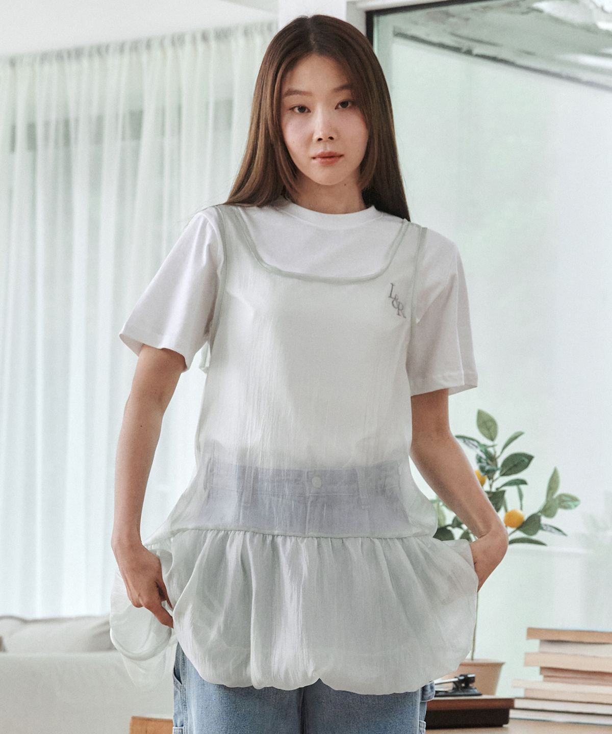 로시로우(LOSSYROW) Sheer Ribbon Balloon Dress Olive