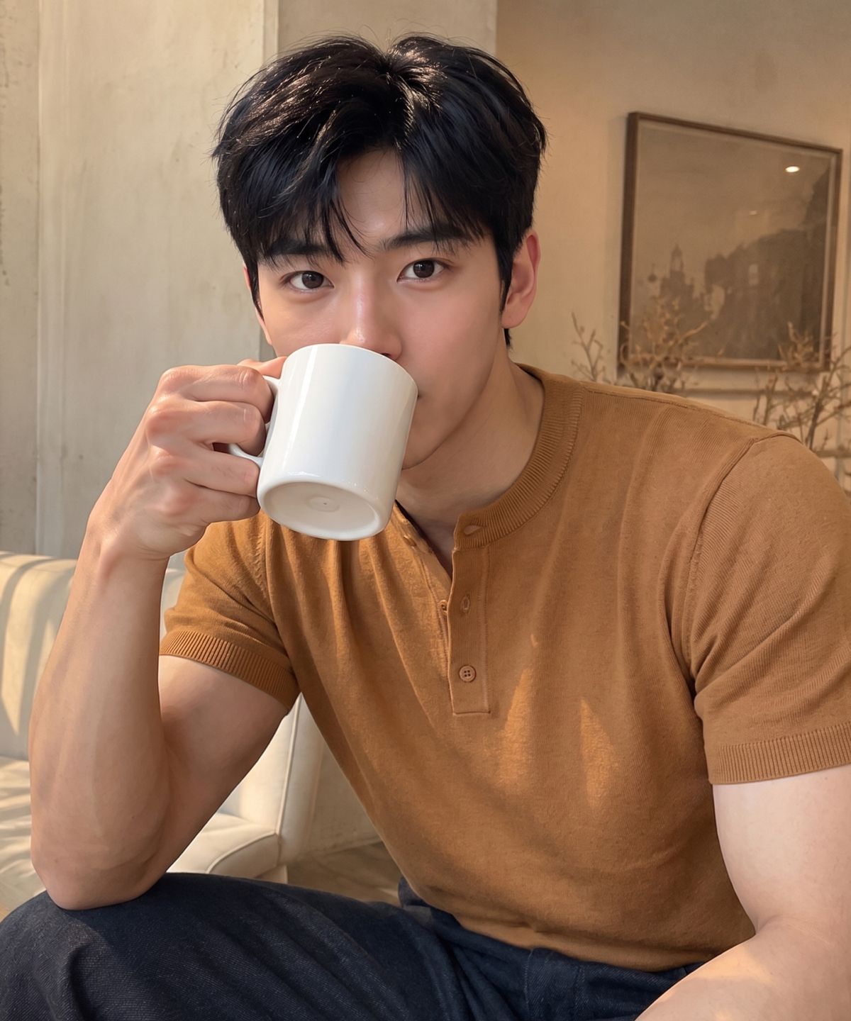 에르비노(HERVINO) 모던 헨리넥 머슬핏 반팔 니트[카멜]