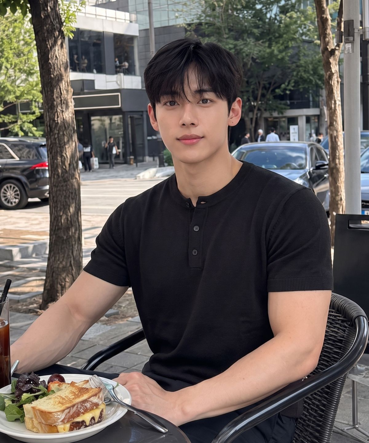 에르비노(HERVINO) 모던 헨리넥 머슬핏 반팔 니트[블랙]