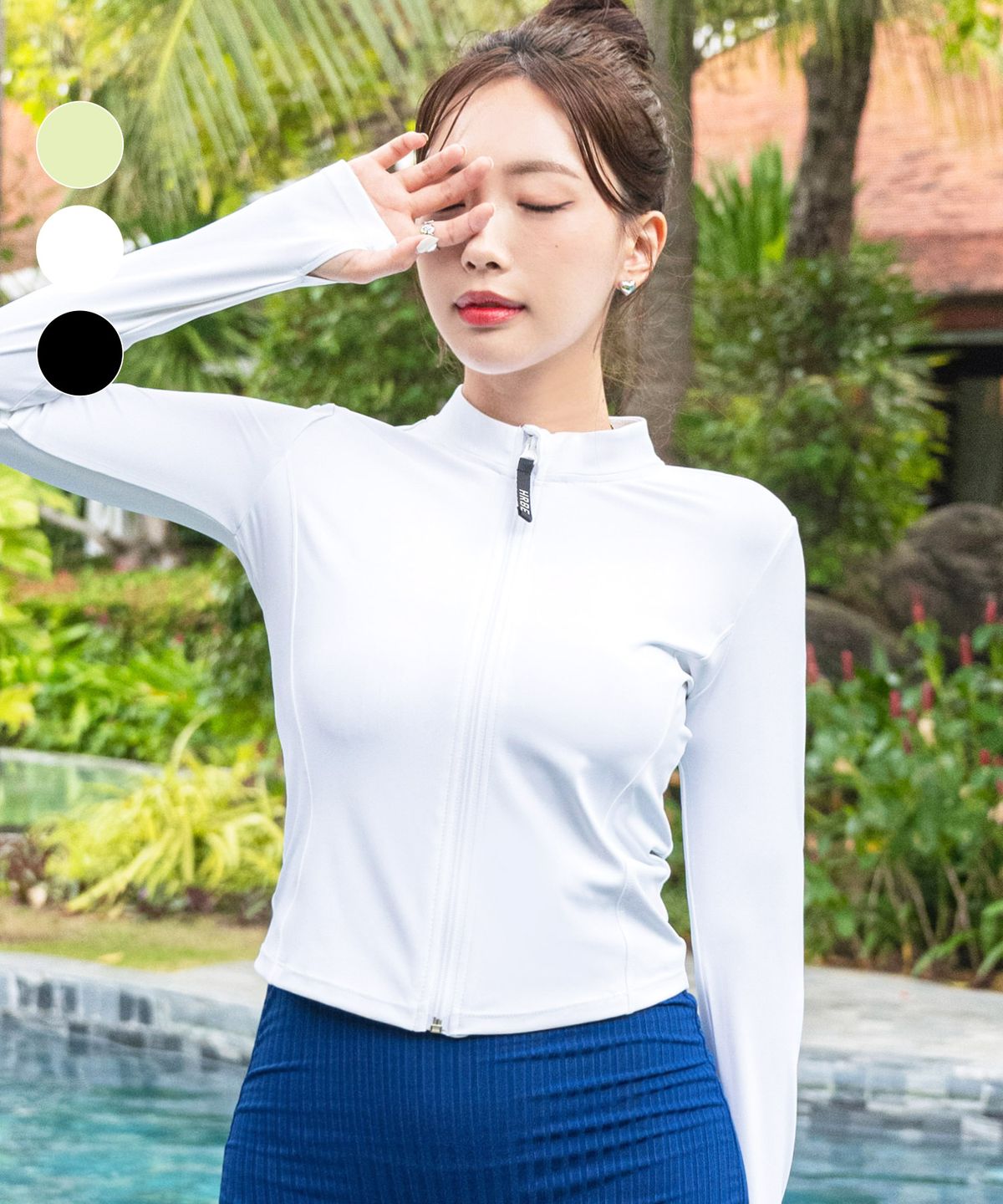헤링본(HERRINGBONE) 여성 세미 크롭 집업 핑거홀 래쉬가드 수영복 상의 (3color)/ RI373W