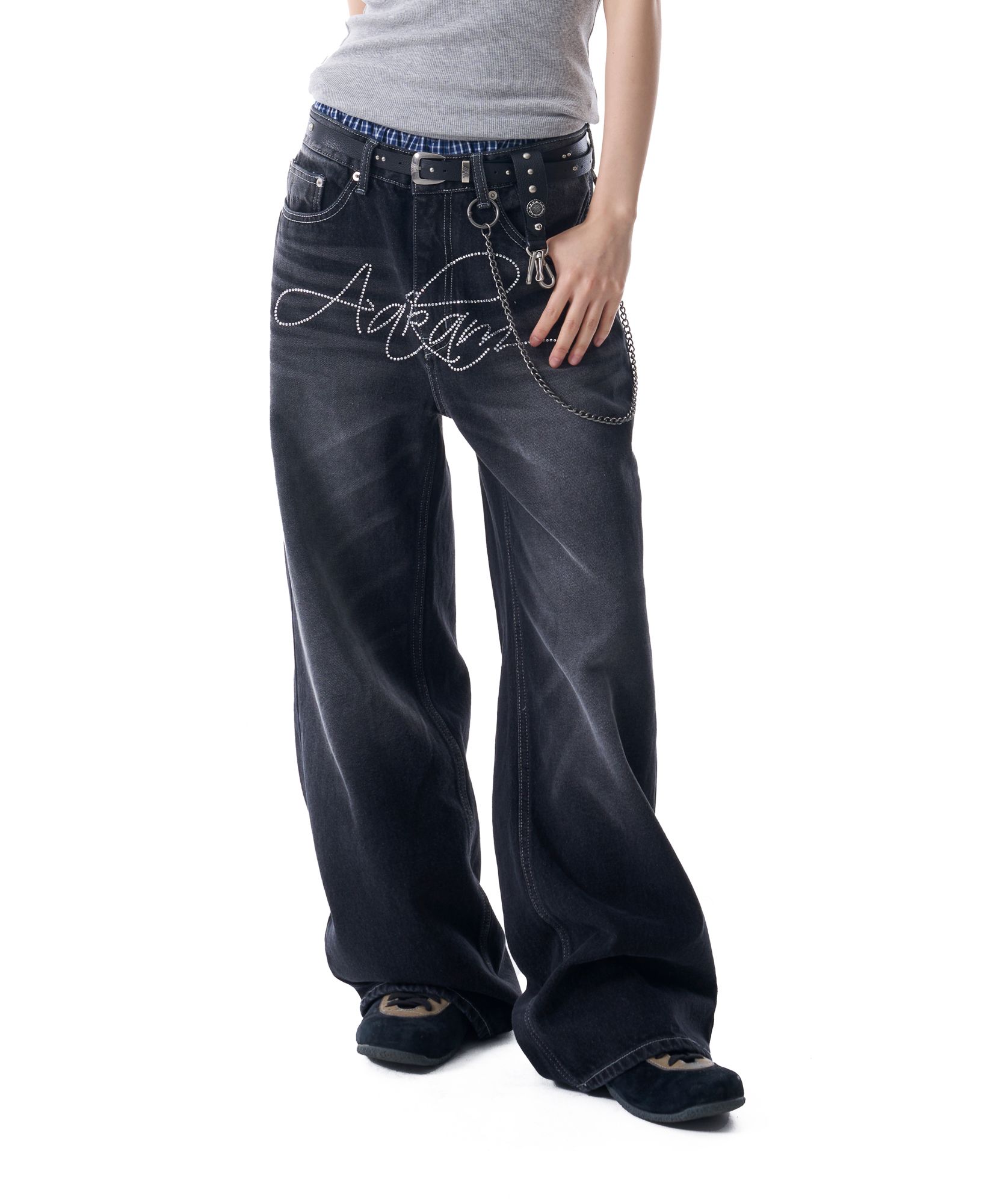 AAKAM ■ Rhinestone Washed Denim Pants デニム MUSINSA | AAKAM Rhinestone Washed Denim Pants (Black)