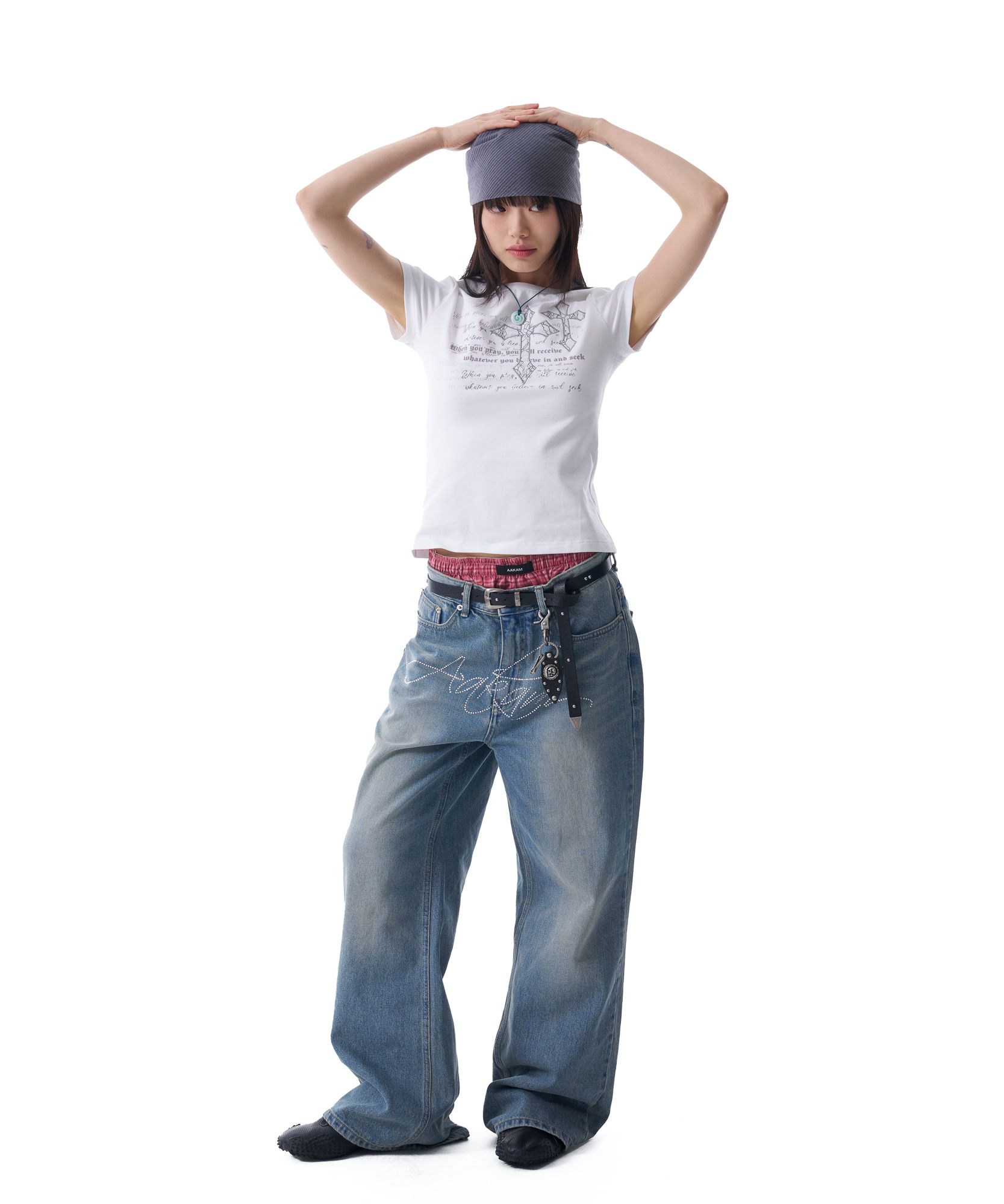 大人気★AAKAM★Rhinestone Washed Denim Pants(青/追跡O) MUSINSA | AAKAM Rhinestone Washed Denim Pants (Blue)