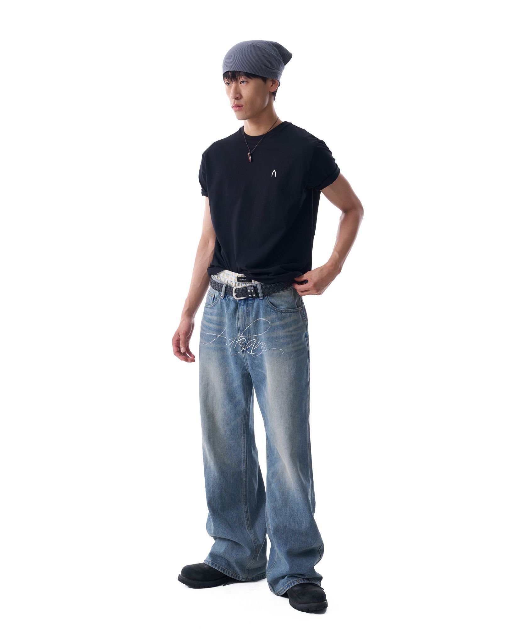 【AAKAM】RHINESTONE WASHED DENIM PANTS MUSINSA | AAKAM Rhinestone Washed Denim Pants (Black)