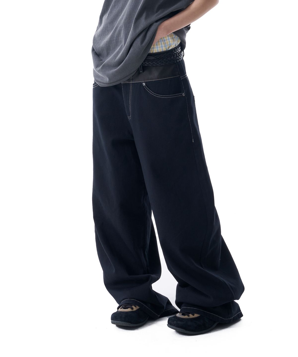 아캄(AAKAM) Leather Mixed Cotton Pants (Black)