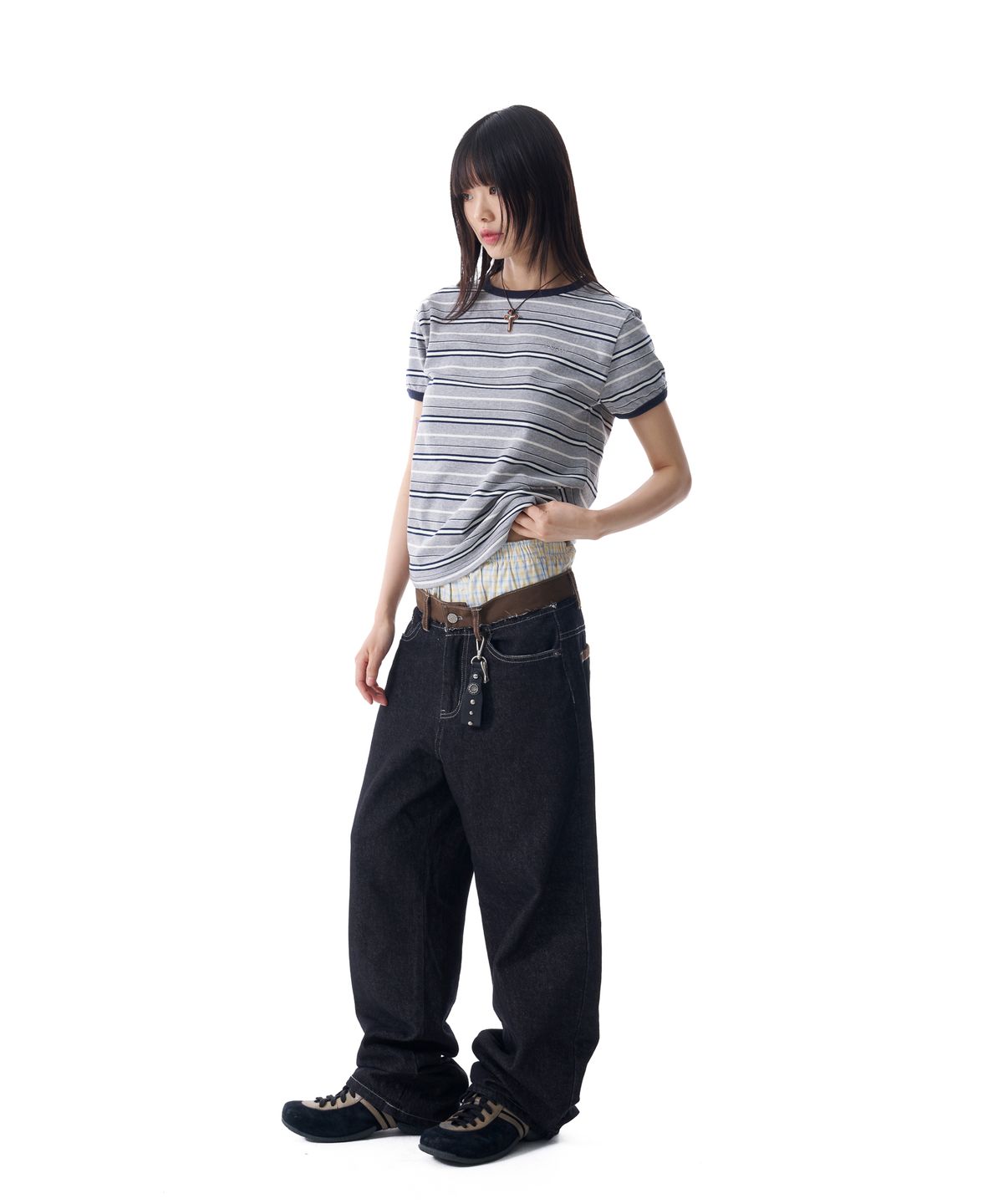 아캄(AAKAM) Waist Contrast Denim Pants (Black)