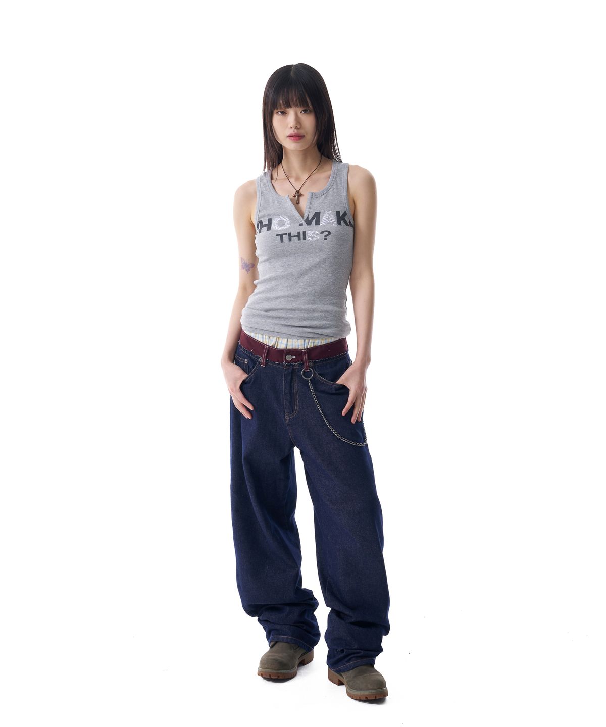 아캄(AAKAM) Waist Contrast Denim Pants (Dark Blue)