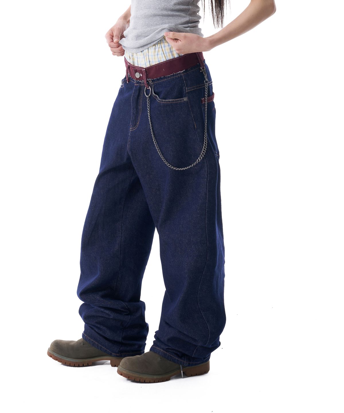 아캄(AAKAM) Waist Contrast Denim Pants (Dark Blue)