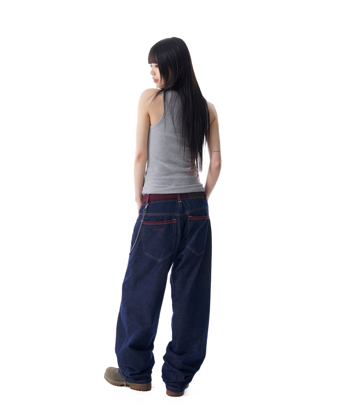 아캄(AAKAM) Waist Contrast Denim Pants (Dark Blue)