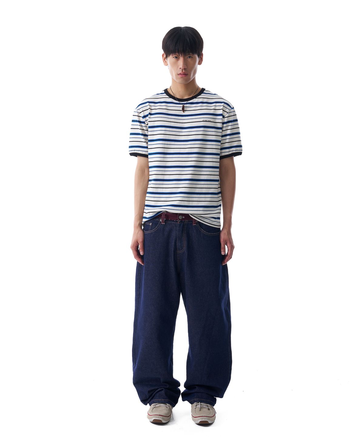 아캄(AAKAM) Waist Contrast Denim Pants (Dark Blue)