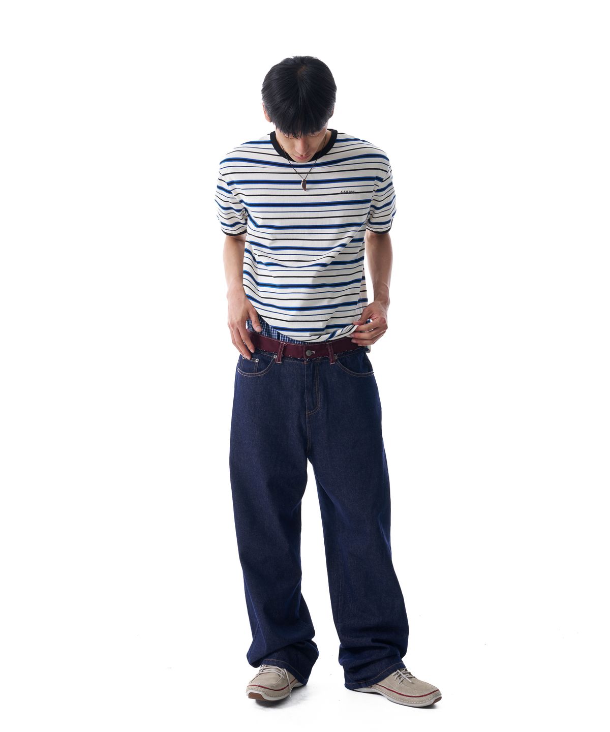 아캄(AAKAM) Waist Contrast Denim Pants (Dark Blue)
