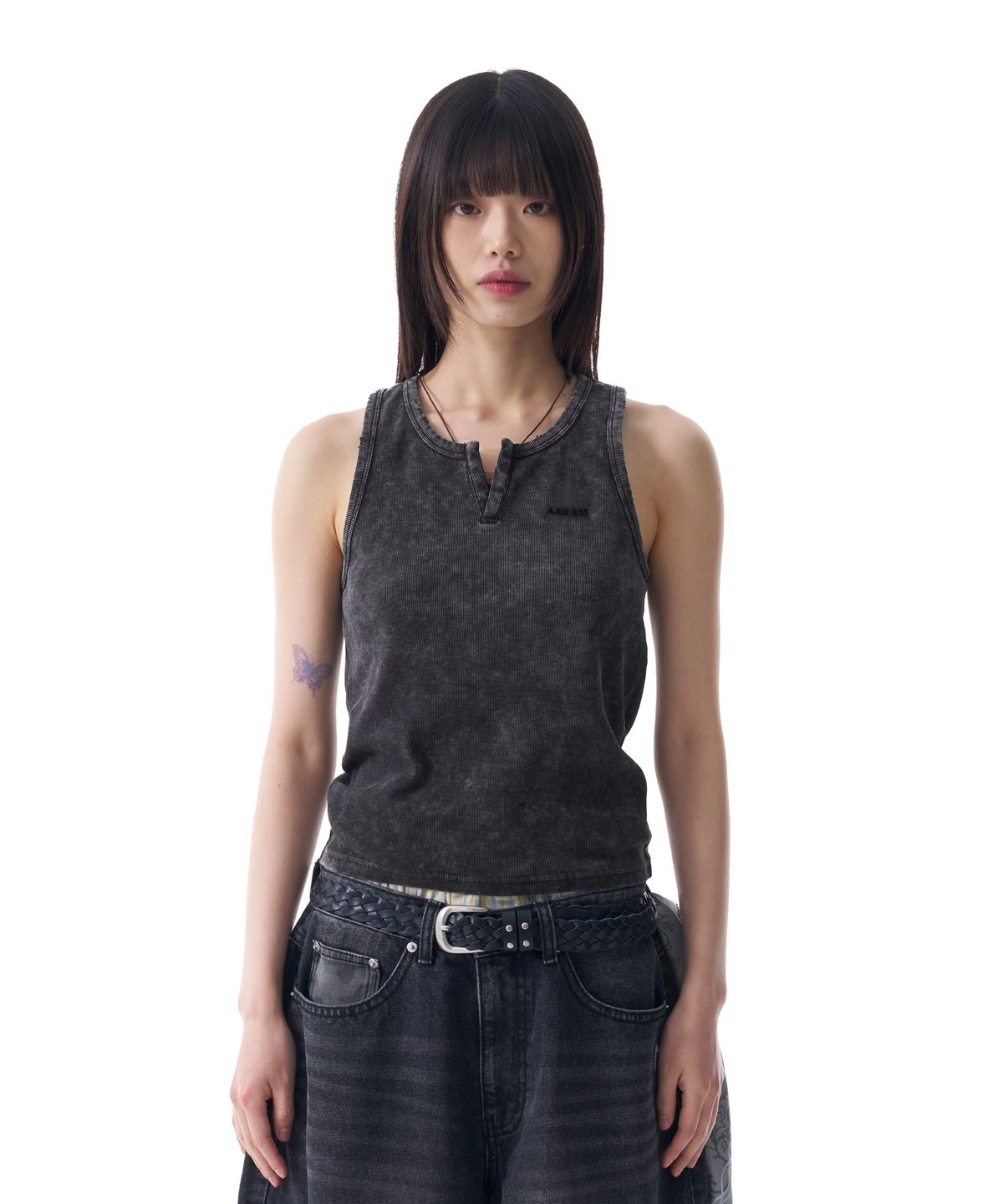 아캄(AAKAM) Vintage Washed Slit Sleeveless (Dark Blue)